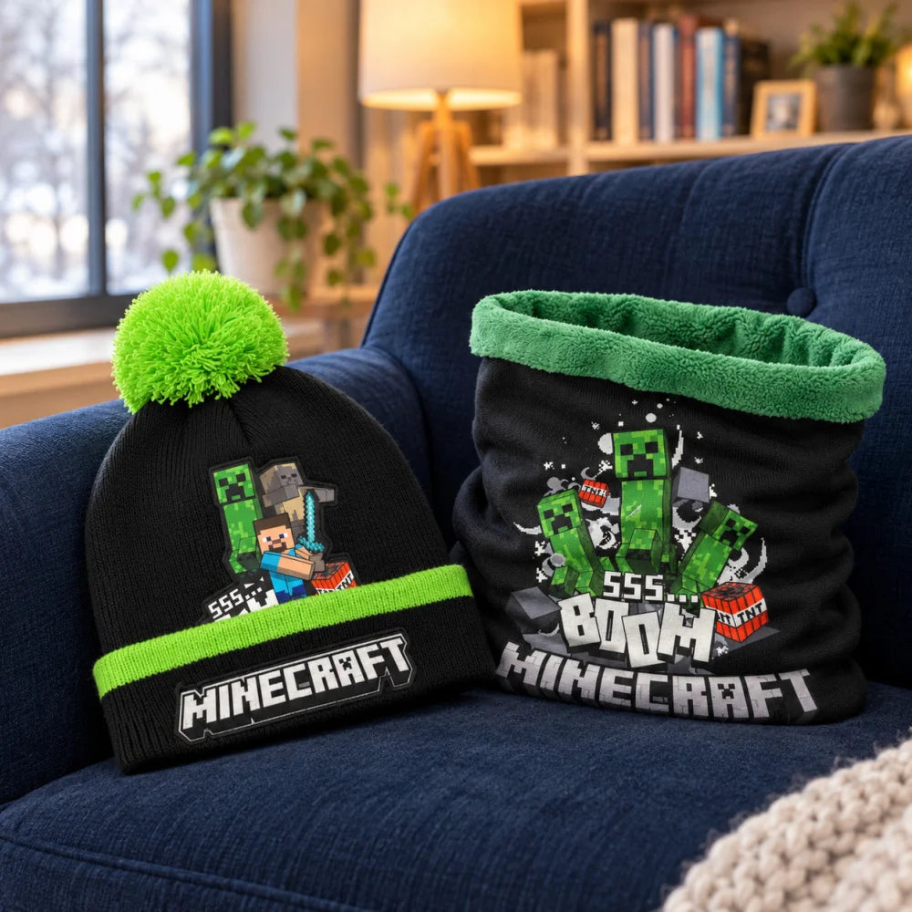Minecraft Creeper Winterset: Bommelmütze und Snood Größe 54/56 - WS-Trend.de