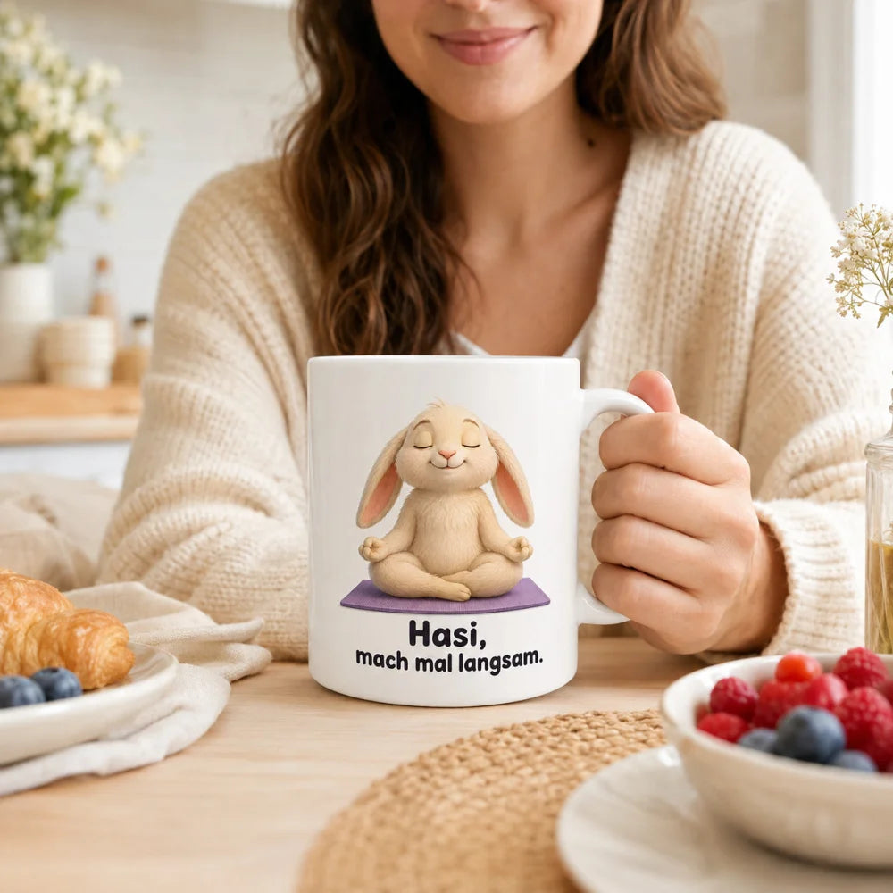 Yoga-Hase Tasse - Geschenkidee mit Spruch - 330 ml beidseitig bedruckt - WS-Trend.de