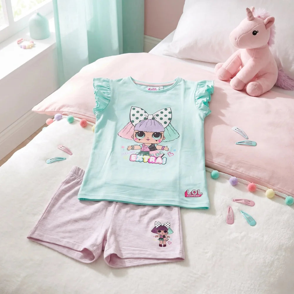 LOL Surprise Kinder kurzarm Schlafanzug Pyjama 98 bis 122 Baumwolle Grün Rosa - WS-Trend.de