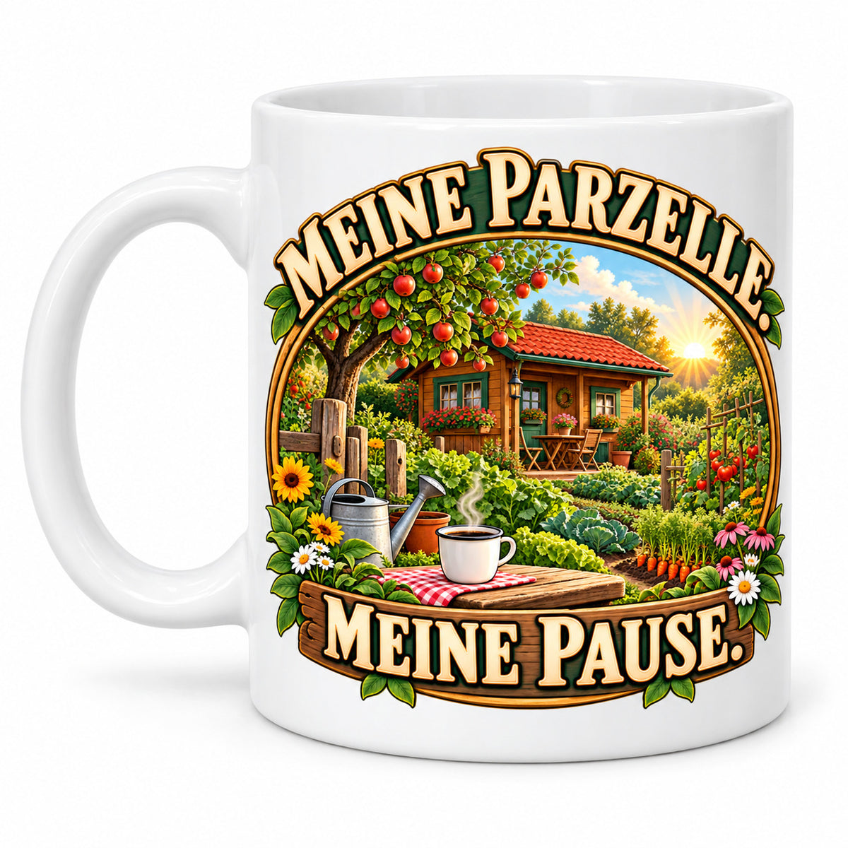 Garten Tasse Spruch Keramik 330ml Geschenk Datscha Schrebergarten bunt