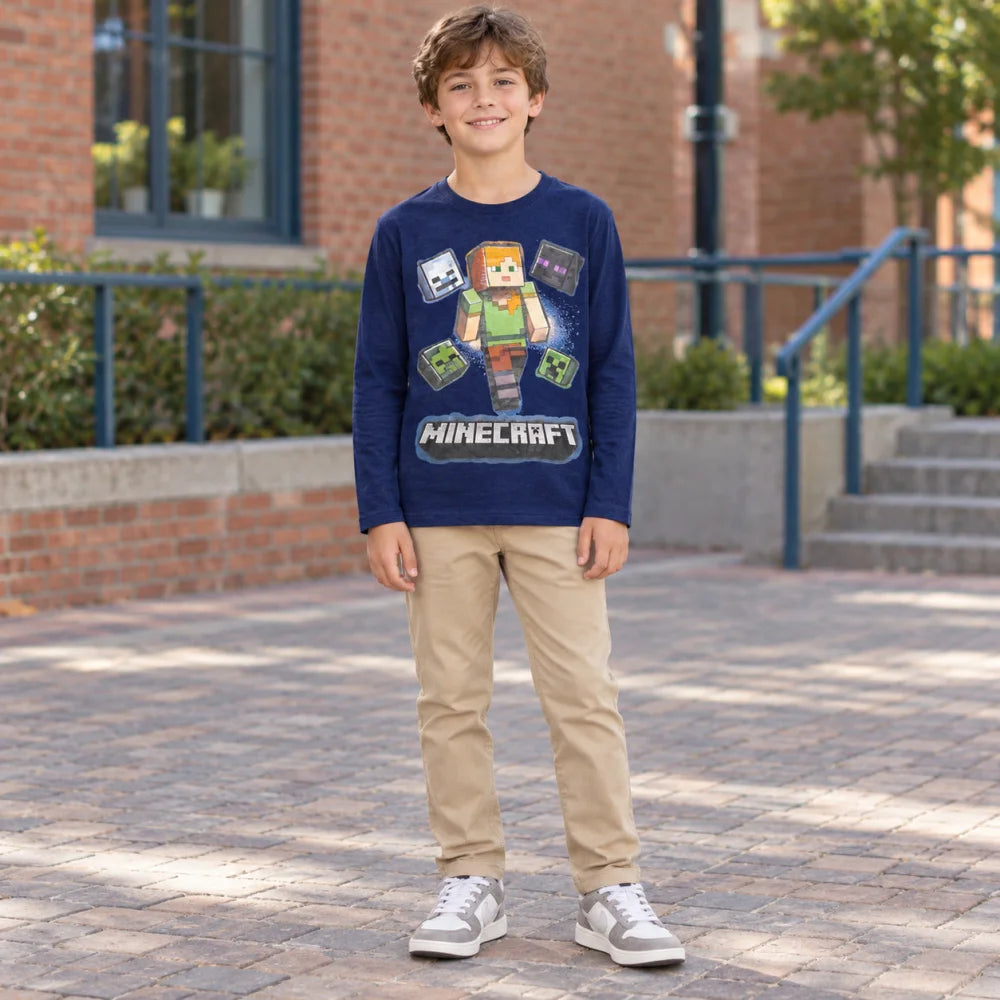 Minecraft Alex Jungen Langarmshirt Baumwolle Blau oder Grau 116–146 - WS-Trend.de
