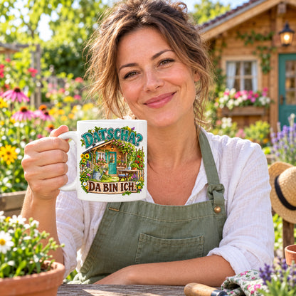 Garten Tasse Spruch Keramik 330ml Geschenk Datscha Schrebergarten bunt