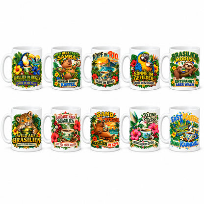 Brasilien Tasse Keramik 330 ml Spruch Geschenk Kaffee Urlaub Tiermotiv