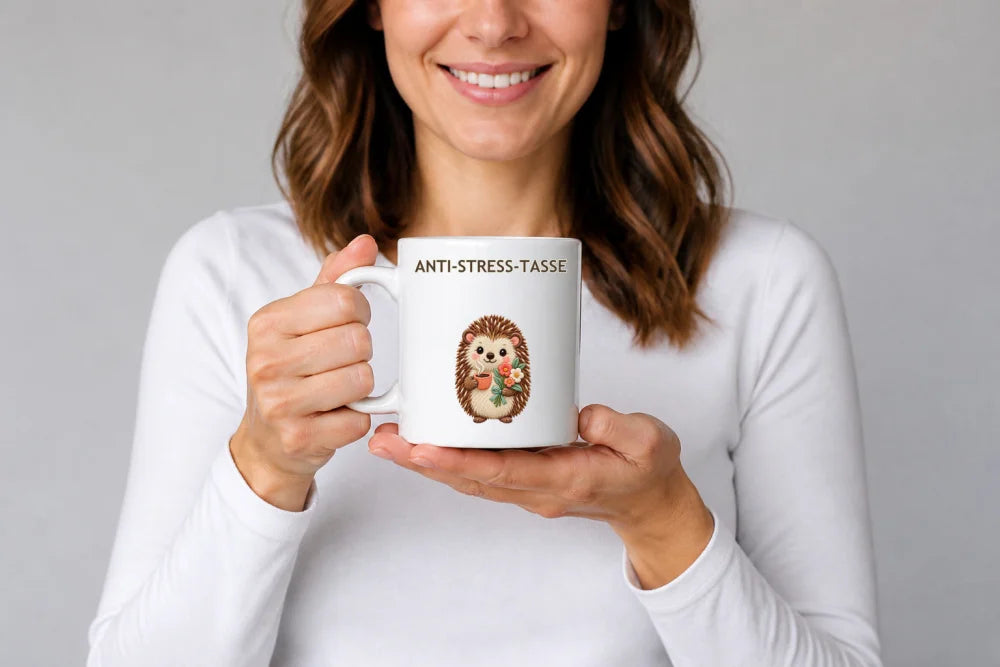 Anti-Stress-Tasse Igel – Stickerei-Look Keramikbecher 325 ml - WS-Trend.de