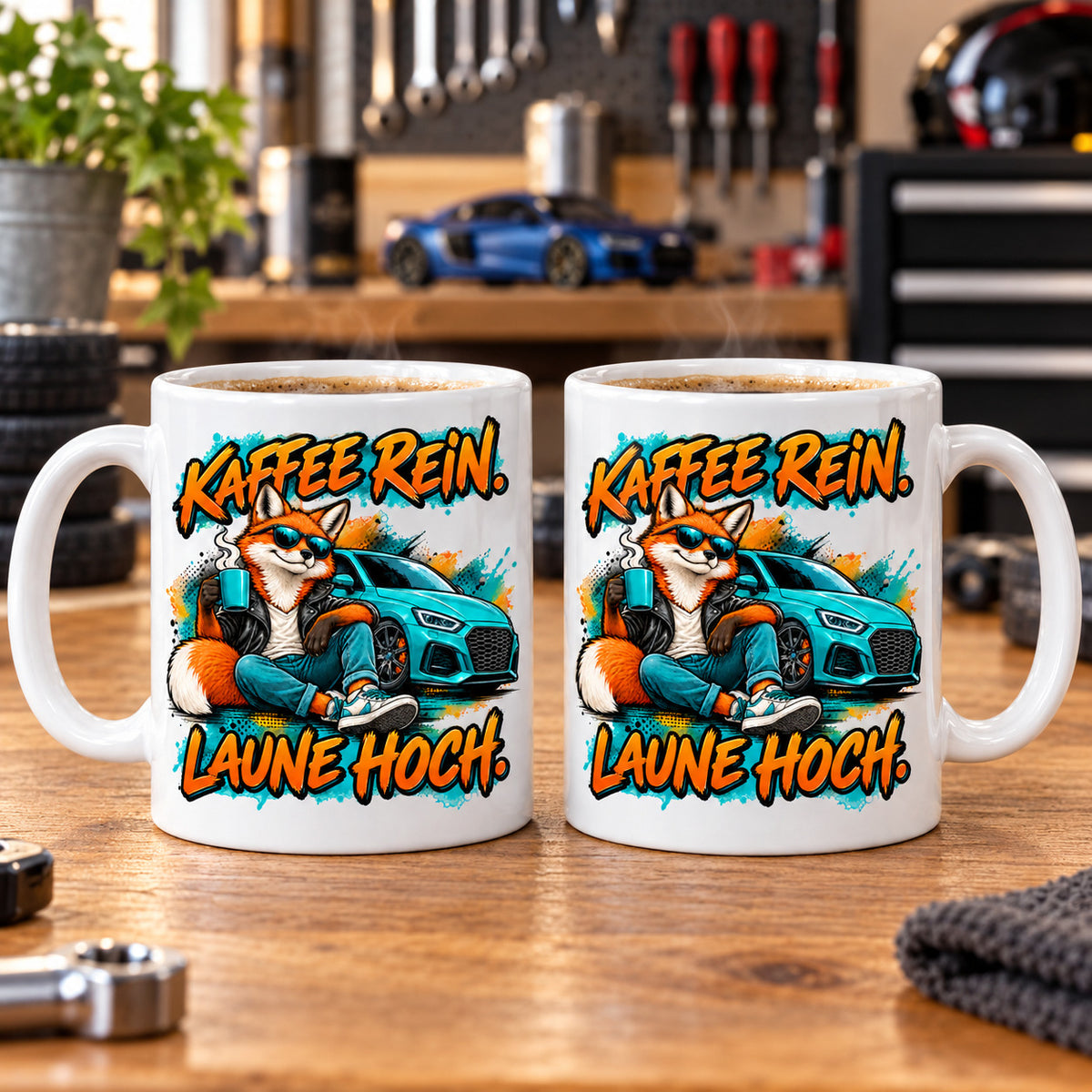 Auto Tasse Spruch Keramik 330 ml Geschenk für Autofan beidseitig Druck