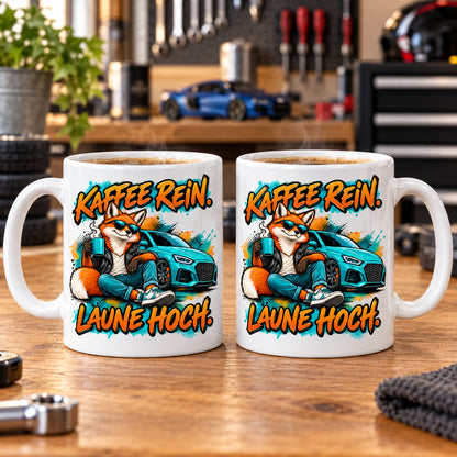Auto Tasse Spruch Keramik 330 ml Geschenk für Autofan beidseitig Druck
