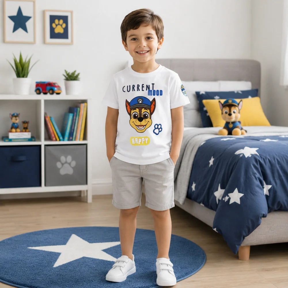 Print-Shirt PAW PATROL Chase Jungen T-Shirt kurzarm 98–128 Baumwolle Grau/Weiß - WS-Trend.de