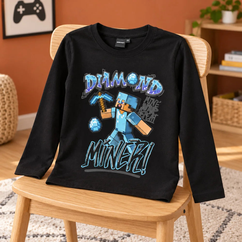 Minecraft Steve Diamond Miner Langarmshirt schwarz - WS-Trend.de