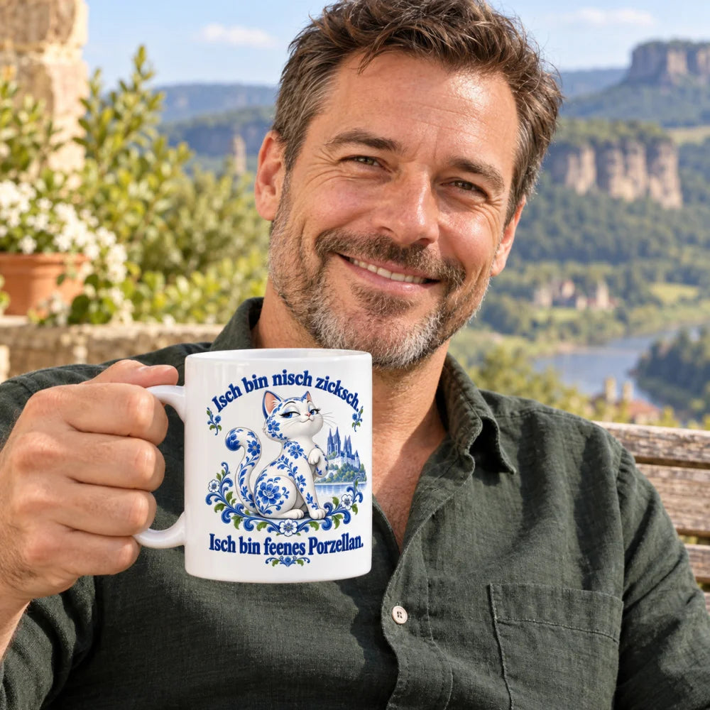 WS-Trend Porzellankatze Tasse sächsischer Spruch Keramik 330 ml lustig - WS-Trend.de