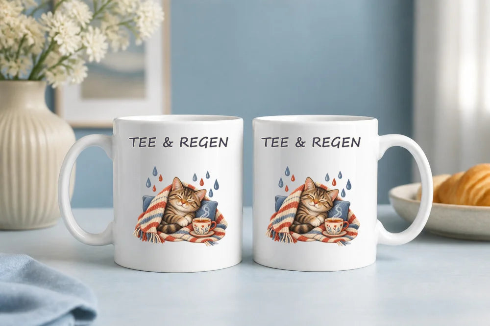 Tee & Regen Katze Tasse – gemütlicher Keramikbecher 325 ml - WS-Trend.de