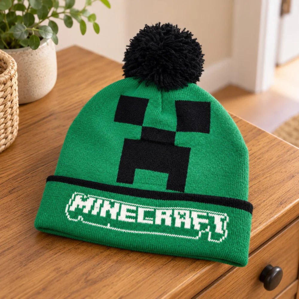 Minecraft Creeper Kinder-Bommelmütze grün-schwarz Größe 54/56 - WS-Trend.de