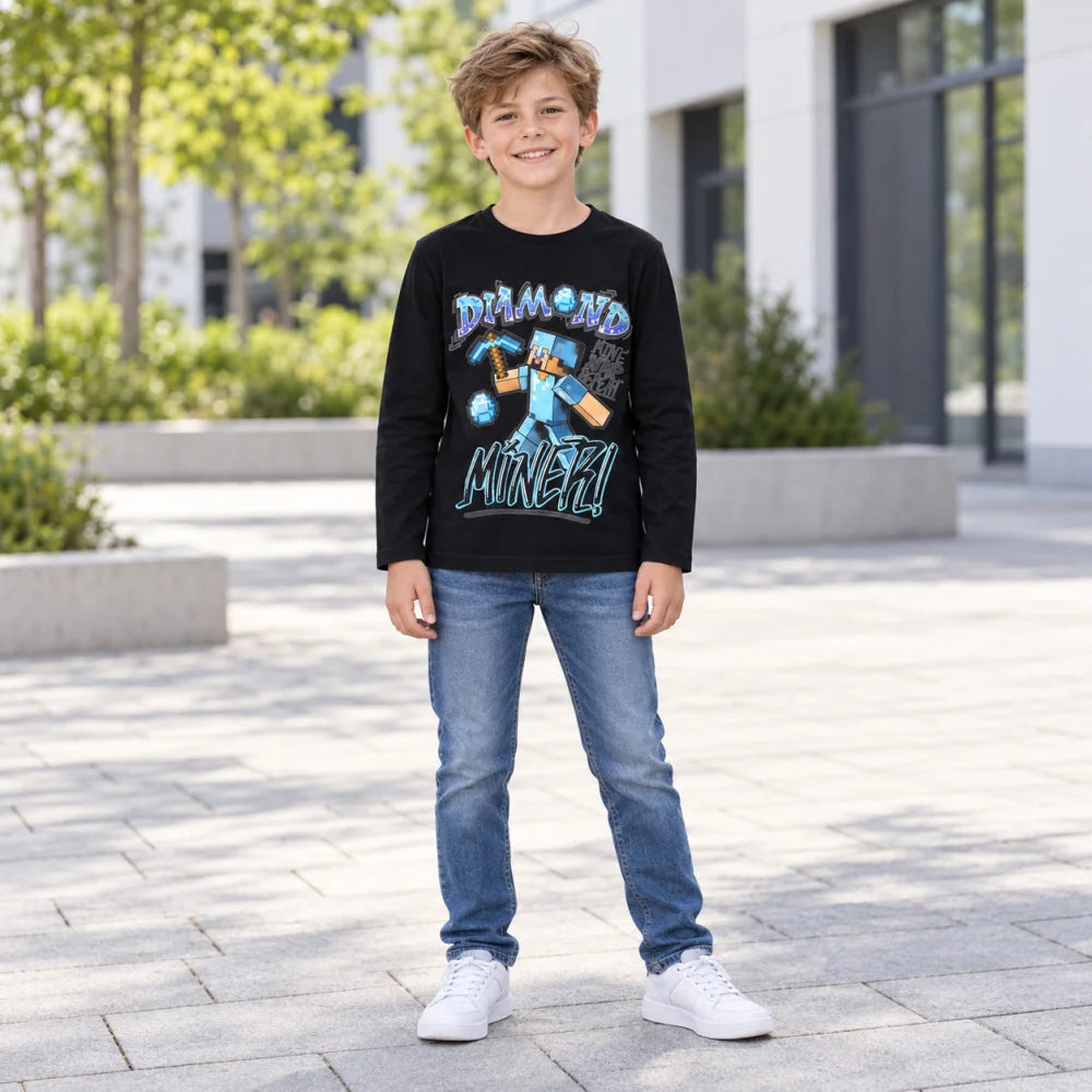 Minecraft Steve Diamond Miner Langarmshirt schwarz - WS-Trend.de