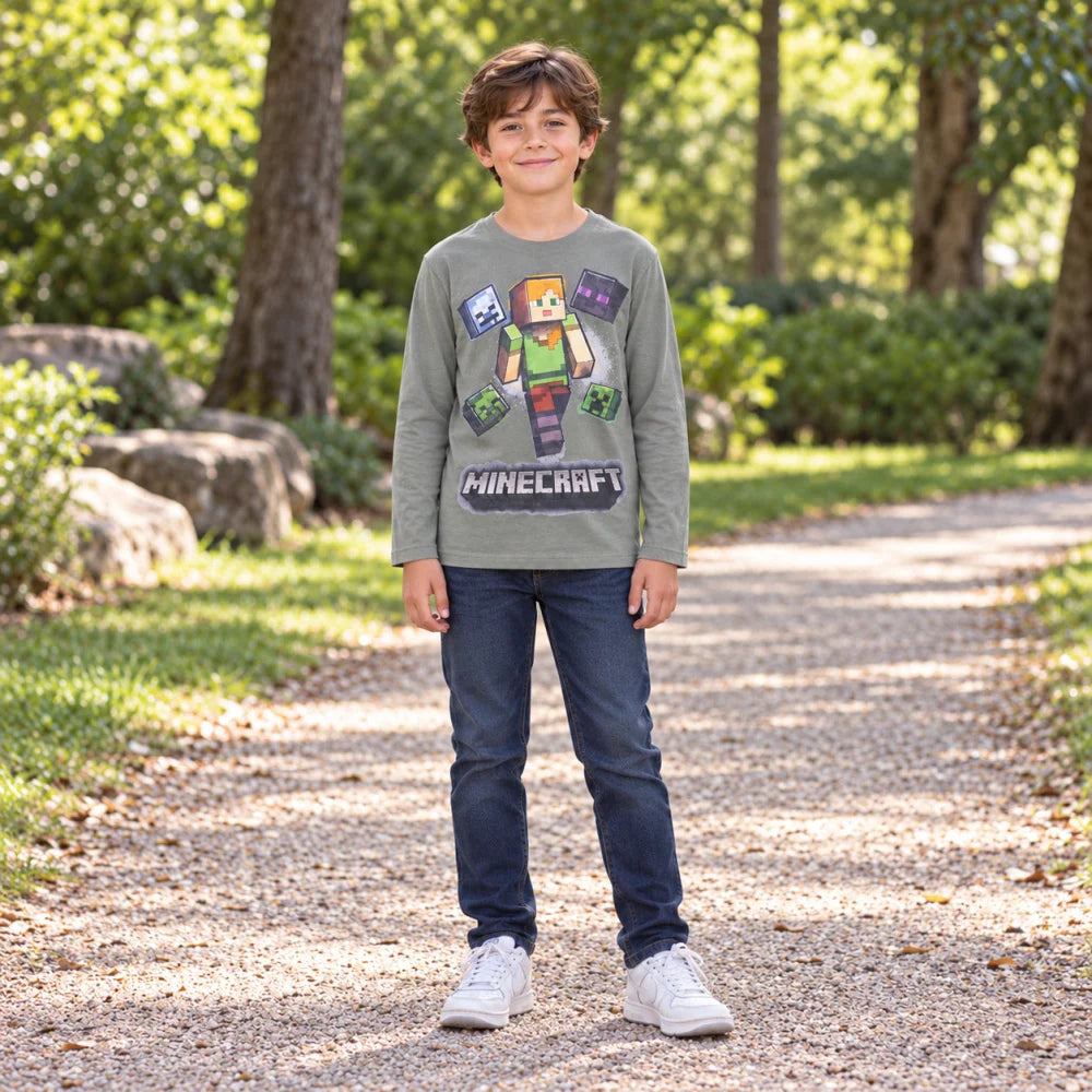 Minecraft Alex Jungen Langarmshirt Baumwolle Blau oder Grau 116–146 - WS-Trend.de