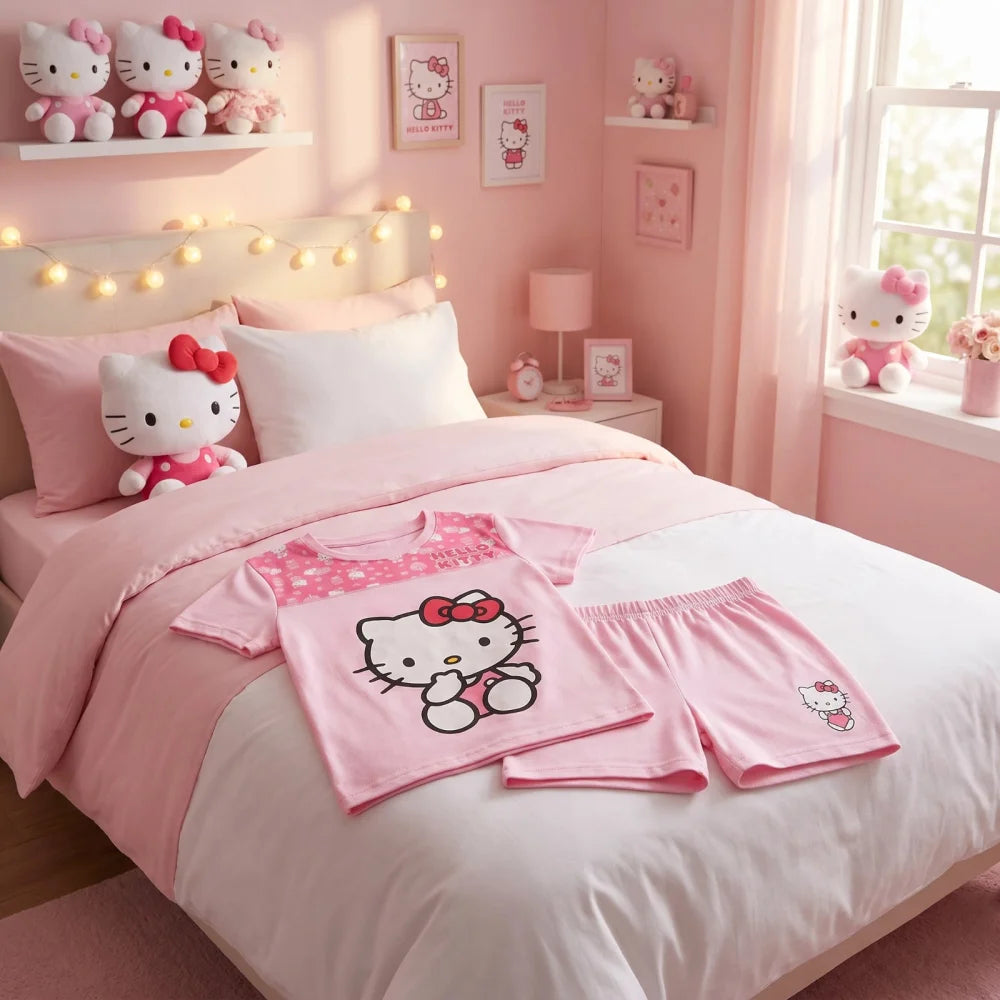Hello Kitty Kinder Mädchen Schlafanzug Pyjama Shirt Shorts Gr. 98-128 Baumwolle - WS-Trend.de