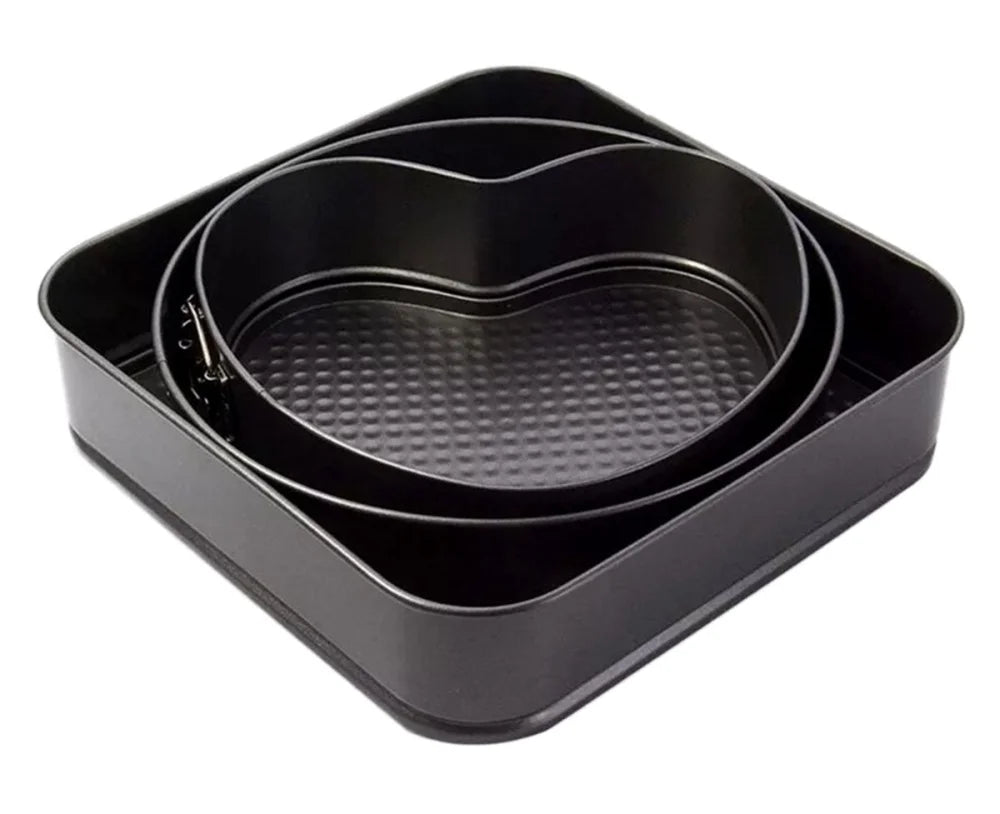 3-teiliges Springform-Set Schwarz Rund Herz Quadratisch aus Kohlenstoffstahl - WS-Trend.de