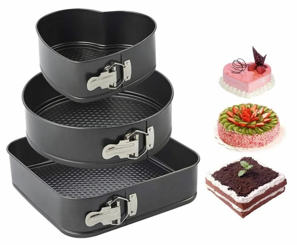 3-teiliges Springform-Set Schwarz Rund Herz Quadratisch aus Kohlenstoffstahl - WS-Trend.de