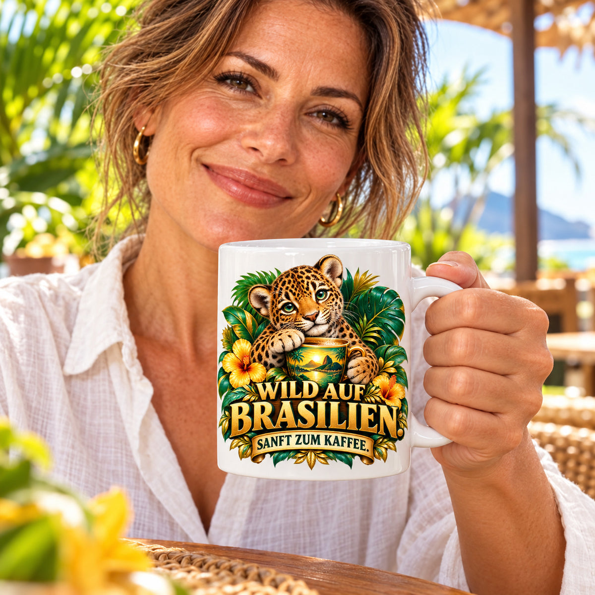Brasilien Tasse Keramik 330 ml Spruch Geschenk Kaffee Urlaub Tiermotiv