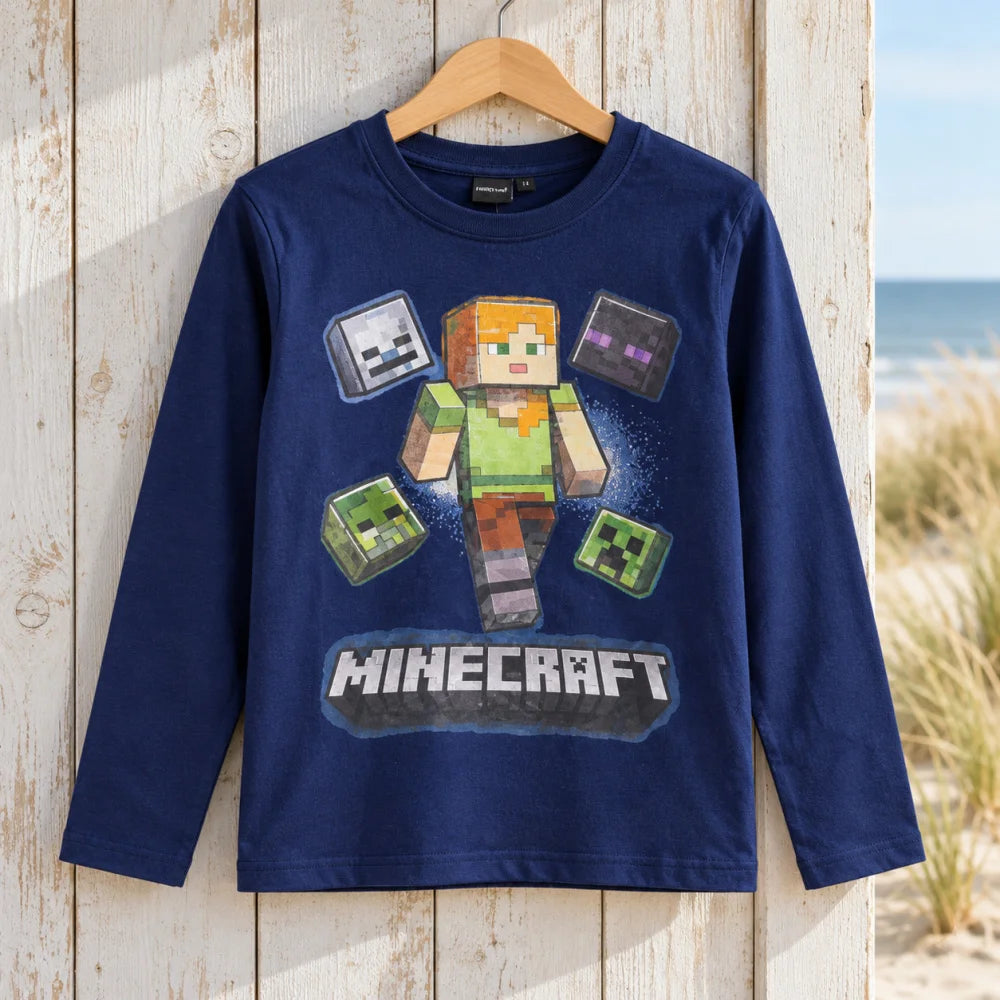 Minecraft Alex Jungen Langarmshirt Baumwolle Blau oder Grau 116–146 - WS-Trend.de