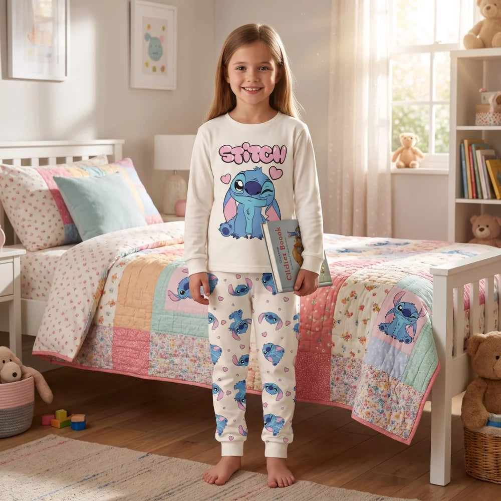 Disney Stitch Kinder Mädchen langarm Schlafanzug Pyjama 104-128 - 100% Baumwolle - WS-Trend.de