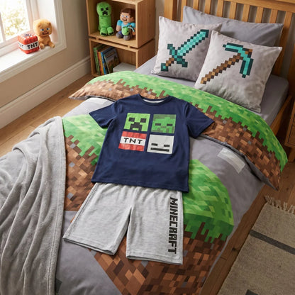Schlafanzug Minecraft Creeper Kinder kurzer Pyjama Gr. 116 -128 - WS-Trend.de