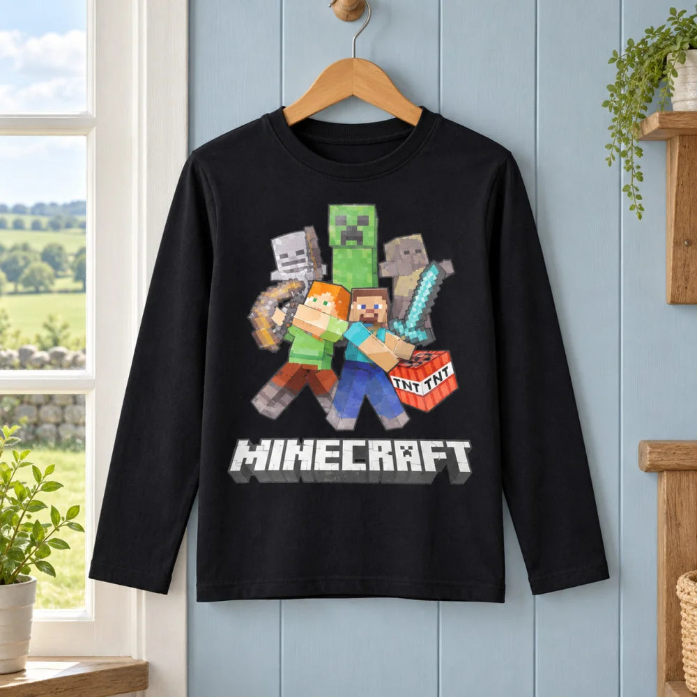 Minecraft Steve Alex Creeper Jungen Langarmshirt Baumwolle Grün oder Schwarz 116–146 - WS-Trend.de