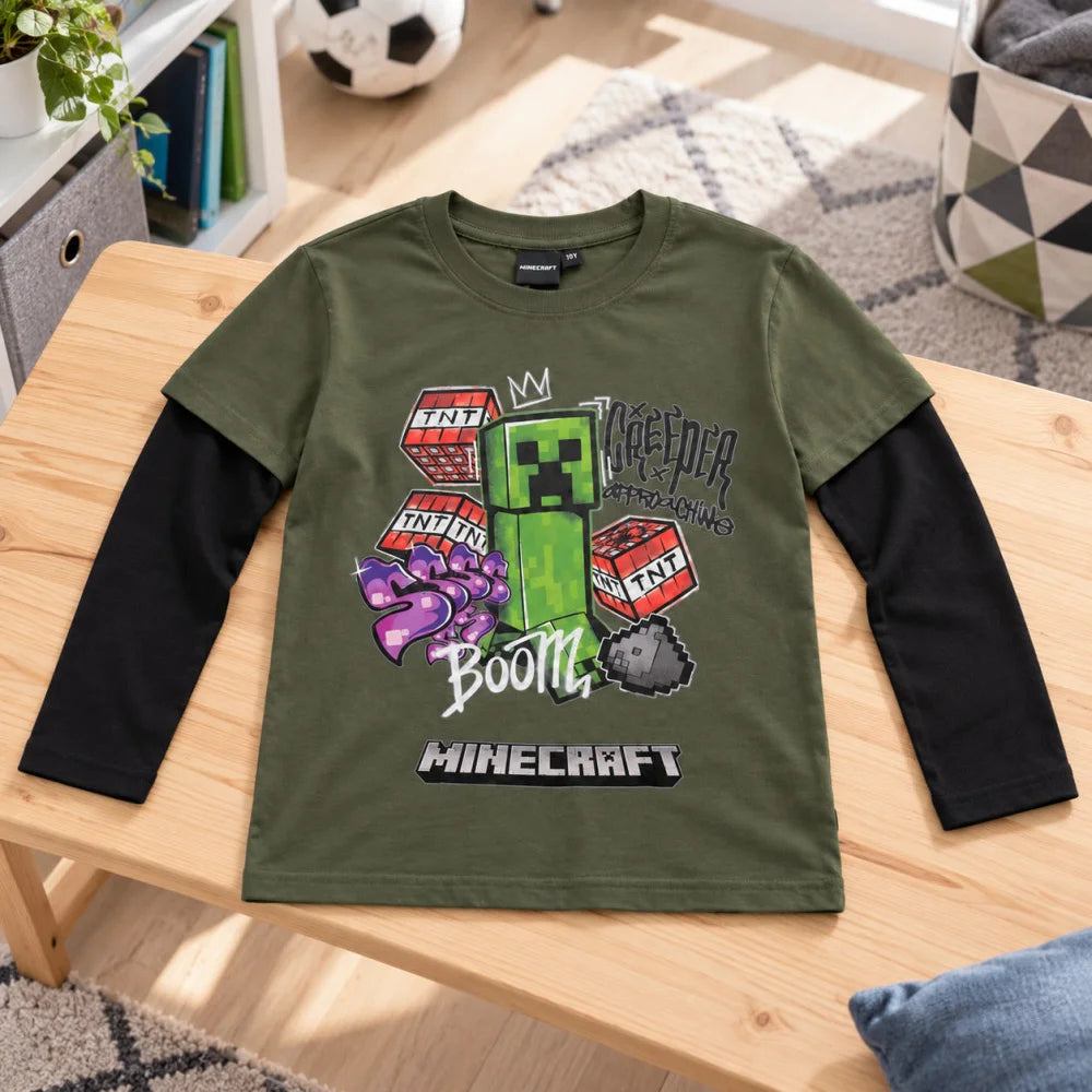Minecraft Creeper Boom Langarmshirt oliv-schwarz - WS-Trend.de