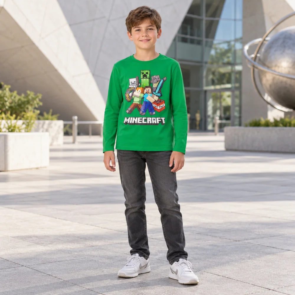 Minecraft Steve Alex Creeper Jungen Langarmshirt Baumwolle Grün oder Schwarz 116–146 - WS-Trend.de
