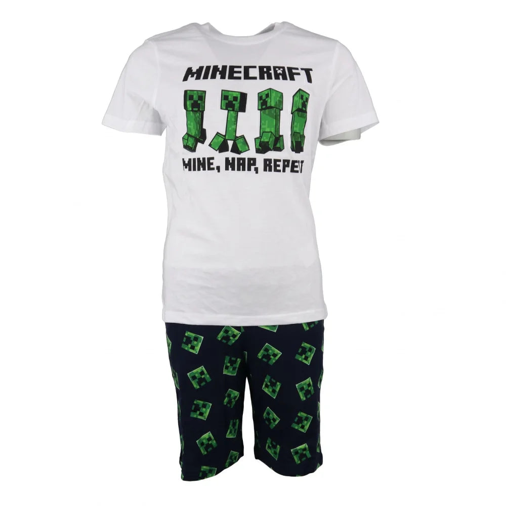 Schlafanzug Minecraft Creeper Kinder kurzer Pyjama Gr. 116 -128 - WS-Trend.de