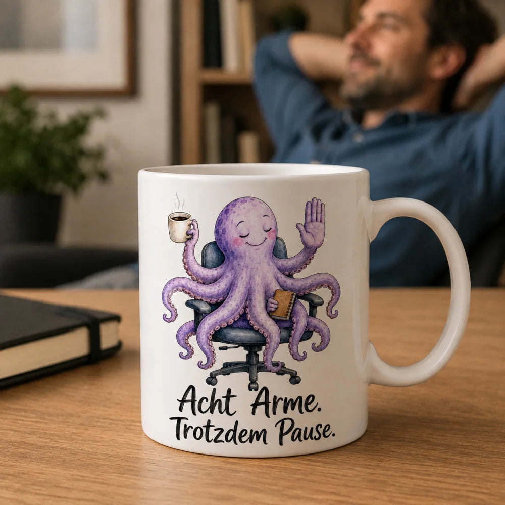 Pausen-Oktopus Kaffeetasse - lustiger Spruch - weiß aus Keramik 330 ml - WS-Trend.de