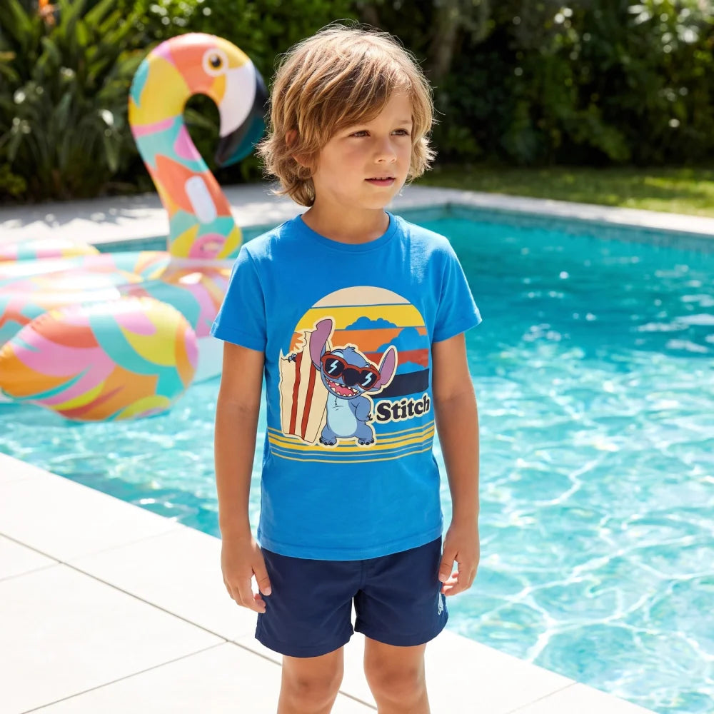 Disney Stitch T-Shirt Kurzarm Kinder Jungen Shirt 98-134 100% Baumwolle Blau Weiß - WS-Trend.de