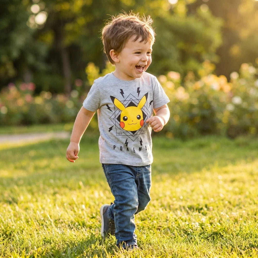 Pokemon Pikachu Kinder T-Shirt Kurzarm Shirt Baumwolle 110 bis 116 Grau Schwarz - WS-Trend.de
