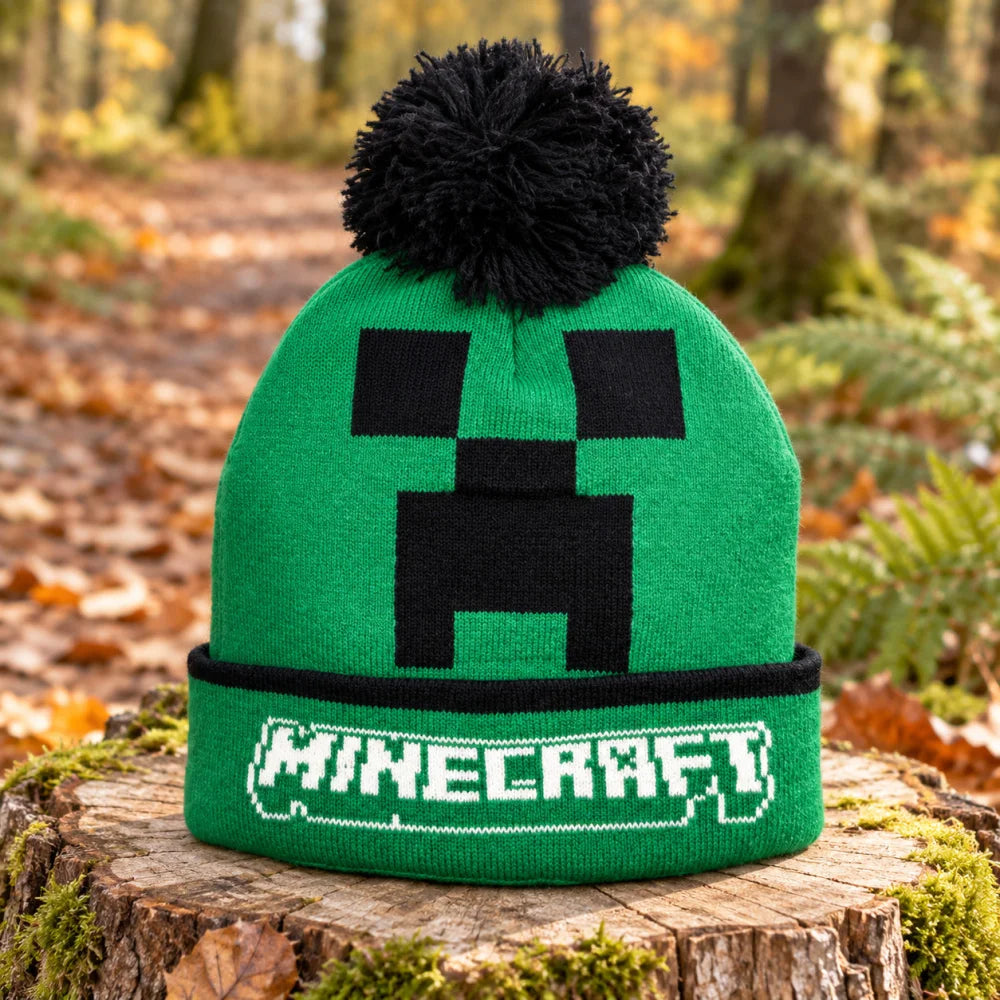 Minecraft Creeper Kinder-Bommelmütze grün-schwarz Größe 54/56 - WS-Trend.de