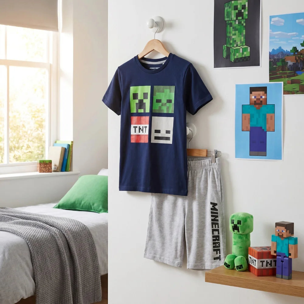 Schlafanzug Minecraft Creeper Kinder kurzer Pyjama Gr. 116 -128 - WS-Trend.de