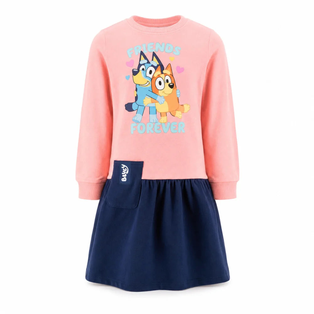 Bluey und Bingo Mädchen Langarmkleid Rosa/Dunkelblau Größen 98–116 - WS-Trend.de