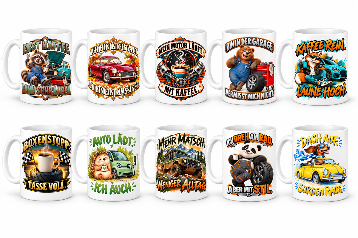 Auto Tasse Spruch Keramik 330 ml Geschenk für Autofan beidseitig Druck