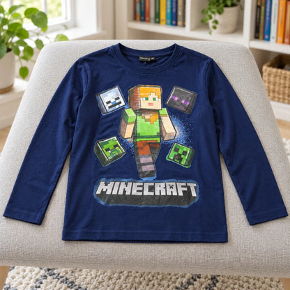 Minecraft Alex Jungen Langarmshirt Baumwolle Blau oder Grau 116–146 - WS-Trend.de