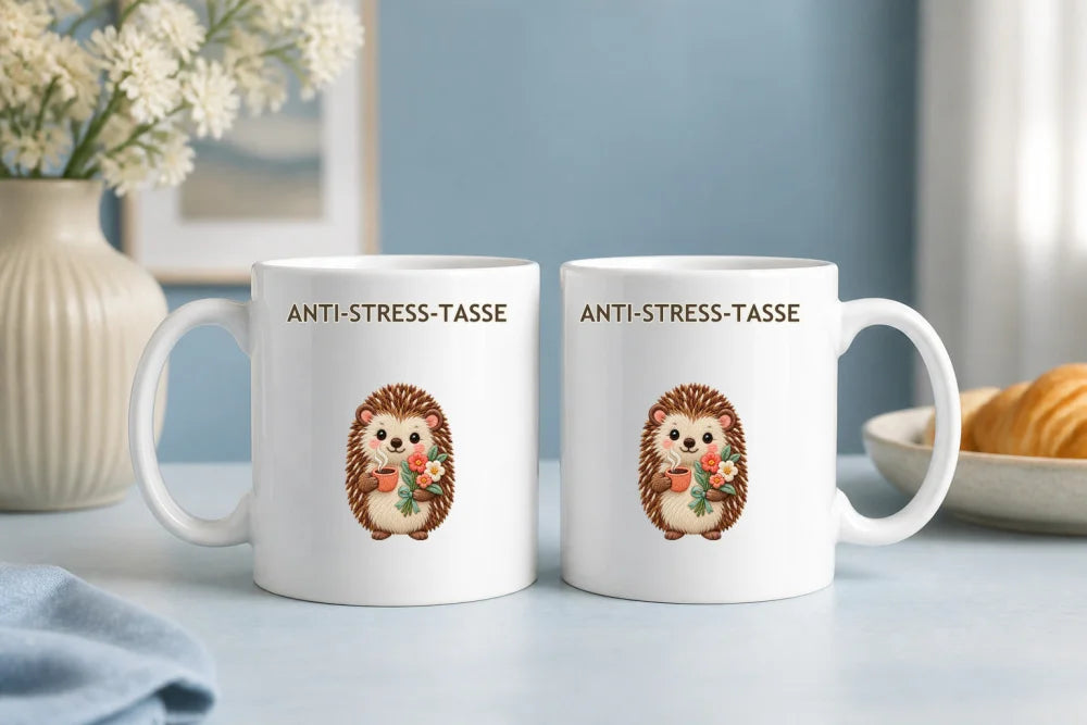 Anti-Stress-Tasse Igel – Stickerei-Look Keramikbecher 325 ml - WS-Trend.de