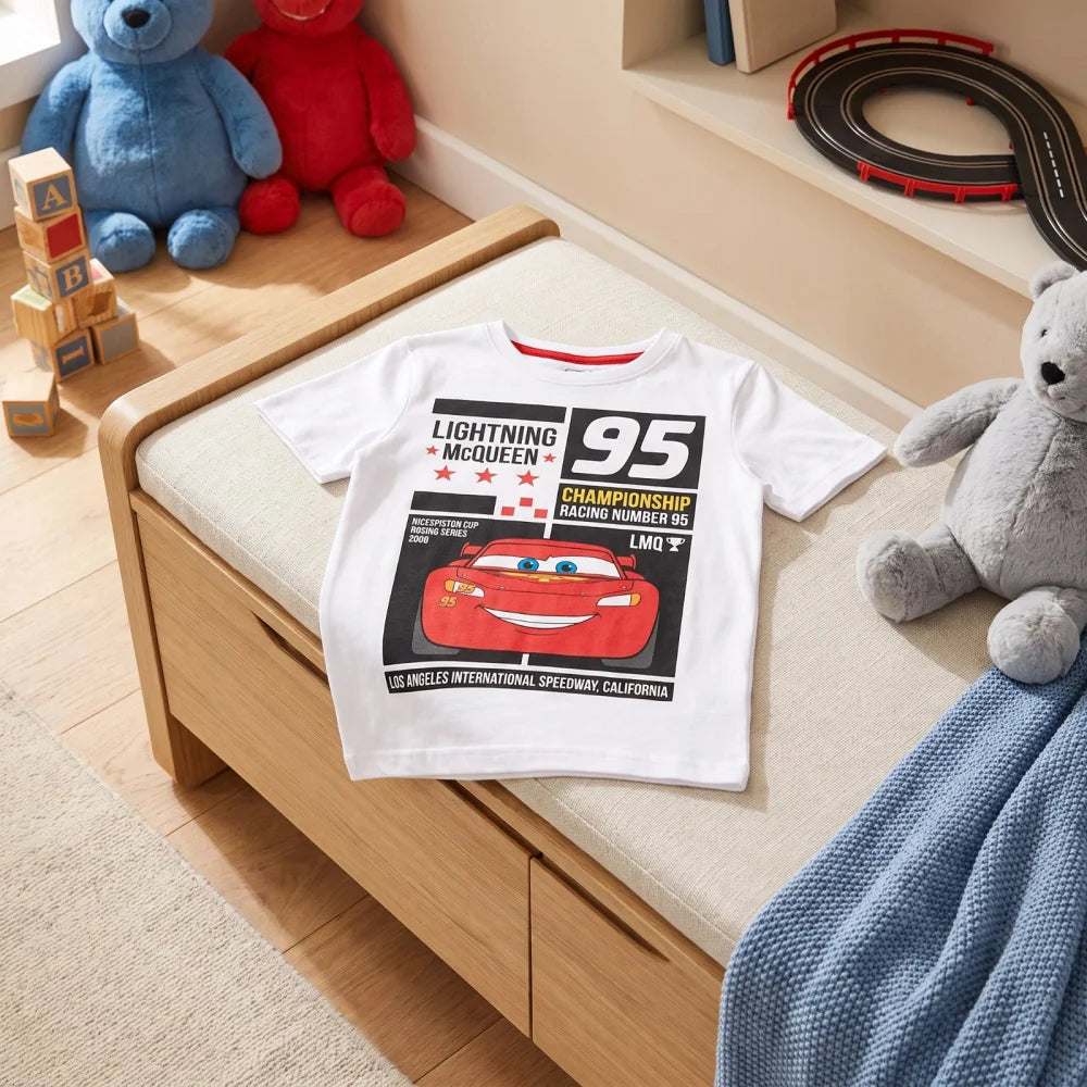 Disney Cars Lightning McQueen Kinder T-Shirt Kurzarm Shirt 98 bis 128 Weiß Blau - WS-Trend.de