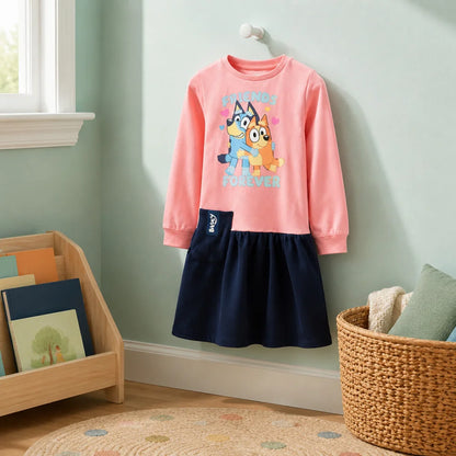 Bluey und Bingo Mädchen Langarmkleid Rosa/Dunkelblau Größen 98–116 - WS-Trend.de