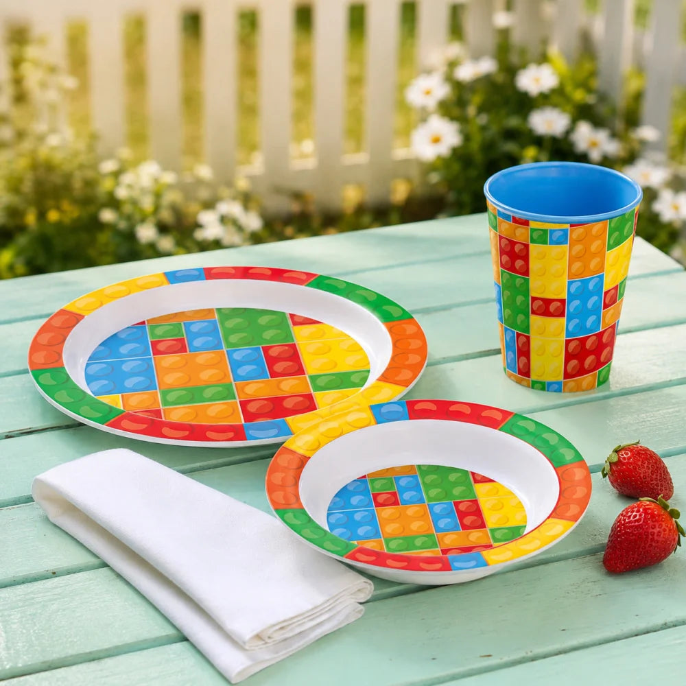 Klemmbausteine Bausteine 3 tlg. Kinder Frühstücks-Set Teller Schüssel Becher - WS-Trend.de