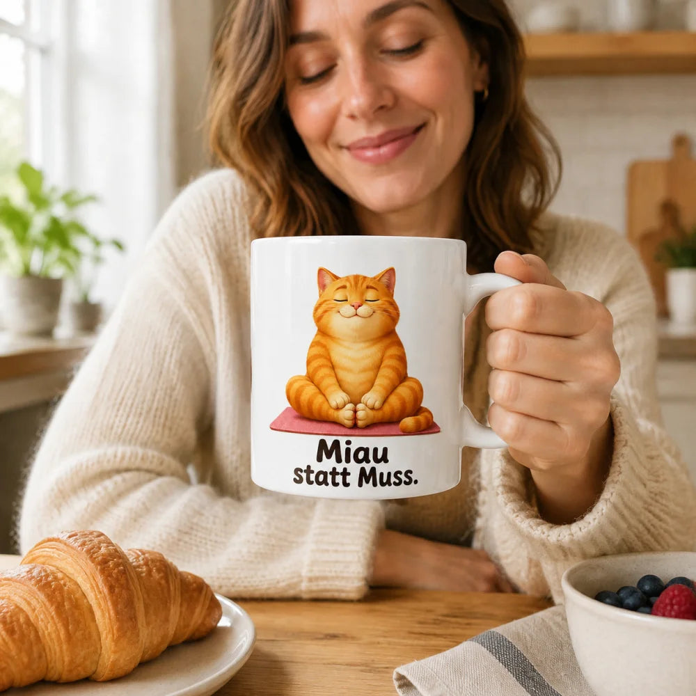 Yoga-Katze Kaffeetasse - Geschenkidee mit Spruch - beidseitig bedruckt - WS-Trend.de
