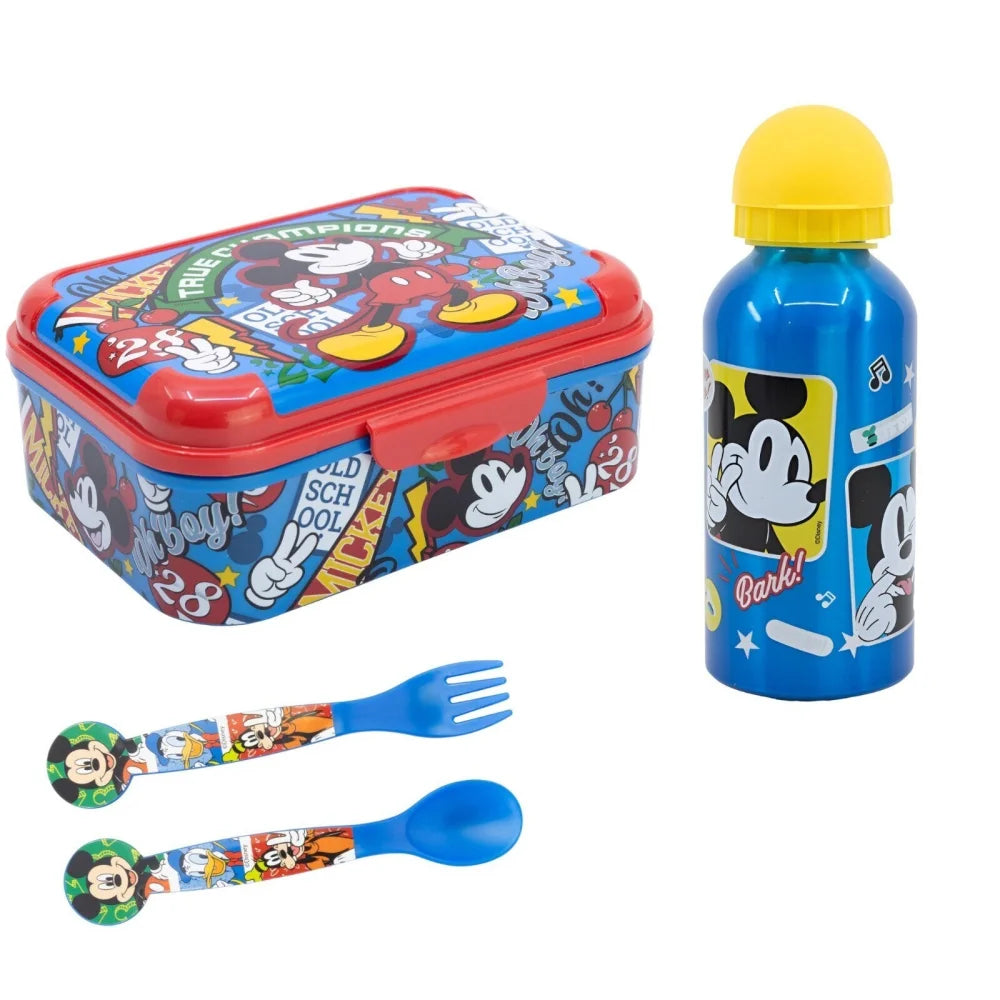Disney Mickey Maus 4 tlg Lunch Set Brotdose Alu Trinkflasche 400 ml Löffel Gabel - WS-Trend.de