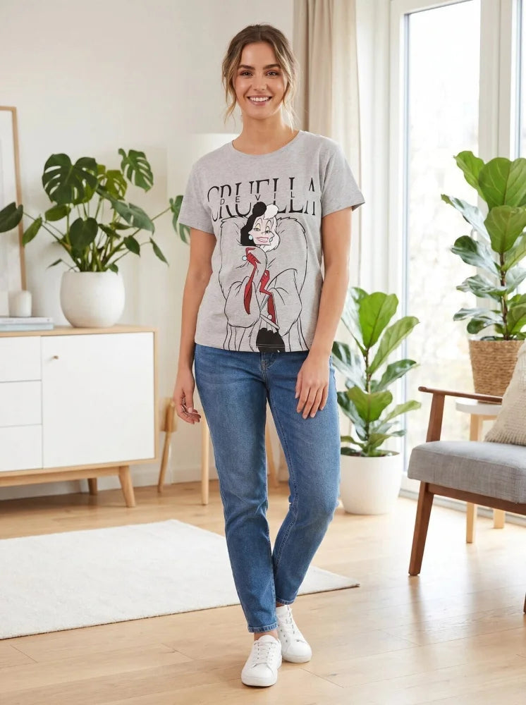 Print-Shirt Disney Cruella de Vil Damen T-Shirt Kurzarm XS-M Grau Weiß Baumwolle - WS-Trend.de