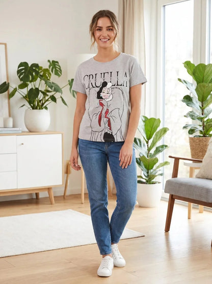 Print-Shirt Disney Cruella de Vil Damen T-Shirt Kurzarm XS-M Grau Weiß Baumwolle - WS-Trend.de