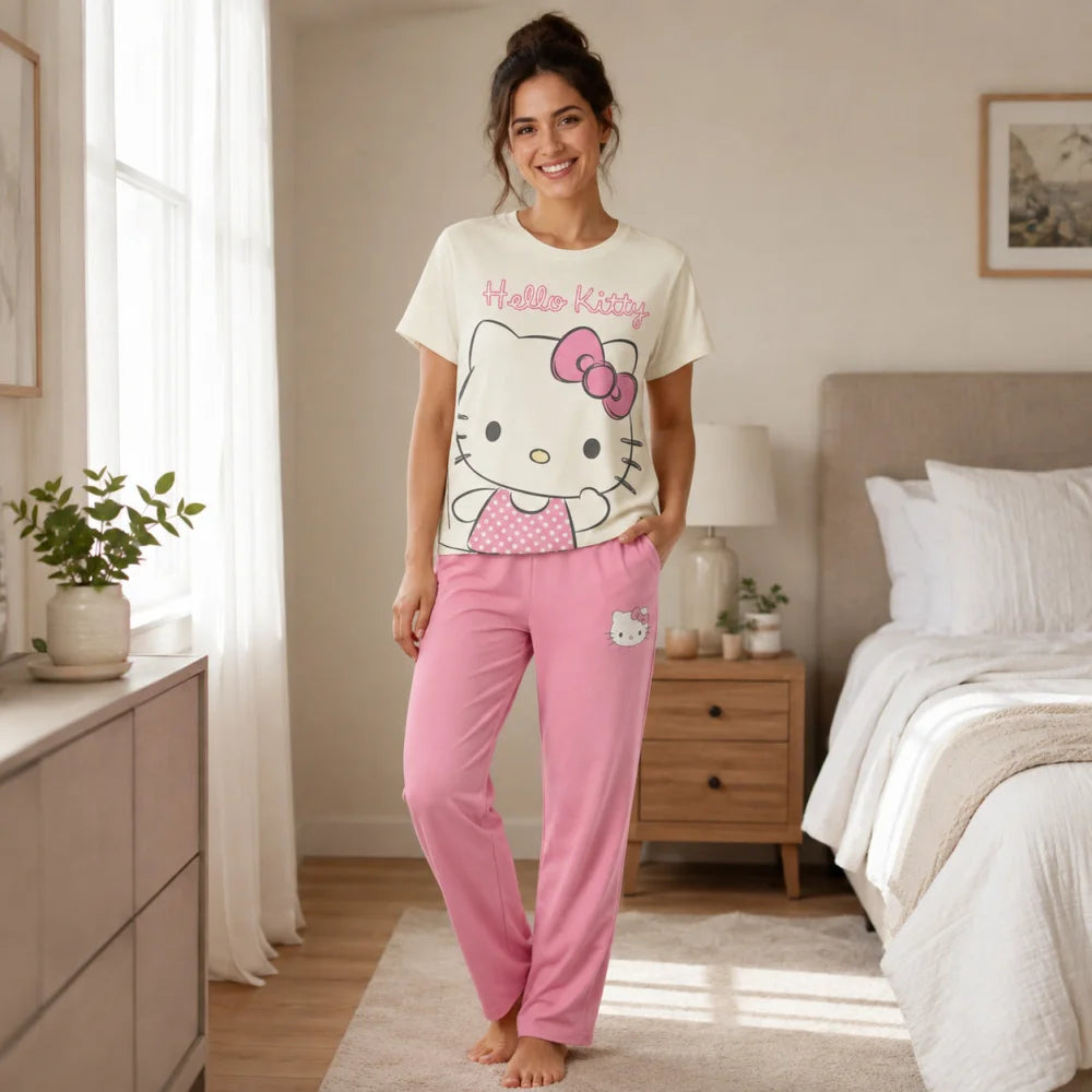Hello Kitty Damen Pyjama Schlafanzug Hose Shirt S-XL 100% Baumwolle - WS-Trend.de