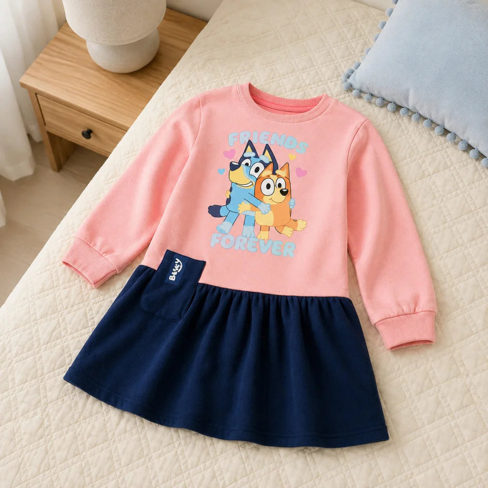 Bluey und Bingo Mädchen Langarmkleid Rosa/Dunkelblau Größen 98–116 - WS-Trend.de