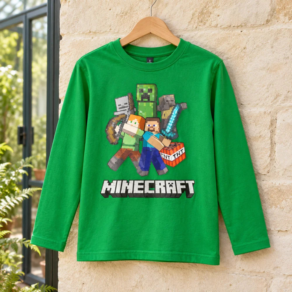 Minecraft Steve Alex Creeper Jungen Langarmshirt Baumwolle Grün oder Schwarz 116–146 - WS-Trend.de