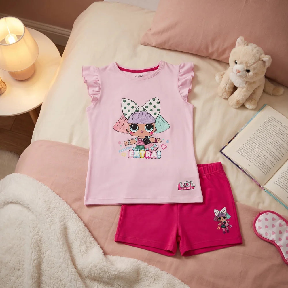 LOL Surprise Kinder kurzarm Schlafanzug Pyjama 98 bis 122 Baumwolle Grün Rosa - WS-Trend.de