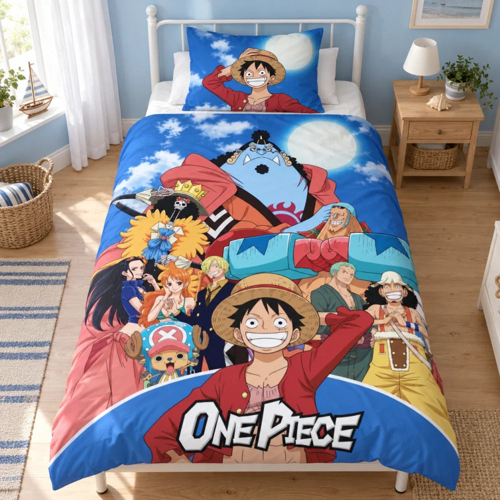 One Piece Ruffy Crew Wendebettwäsche blau 135-140x200 + 65x65 cm - WS-Trend.de