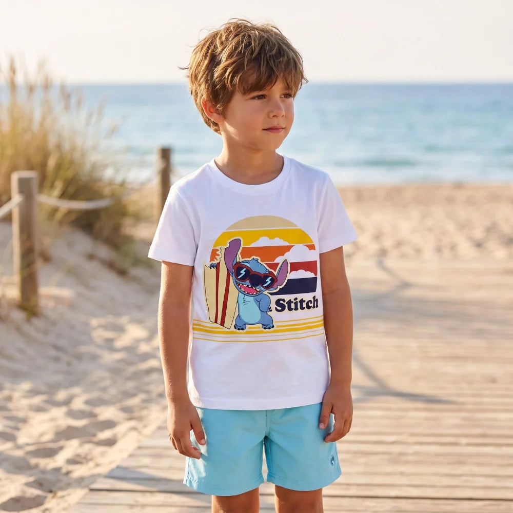Disney Stitch T-Shirt Kurzarm Kinder Jungen Shirt 98-134 100% Baumwolle Blau Weiß - WS-Trend.de